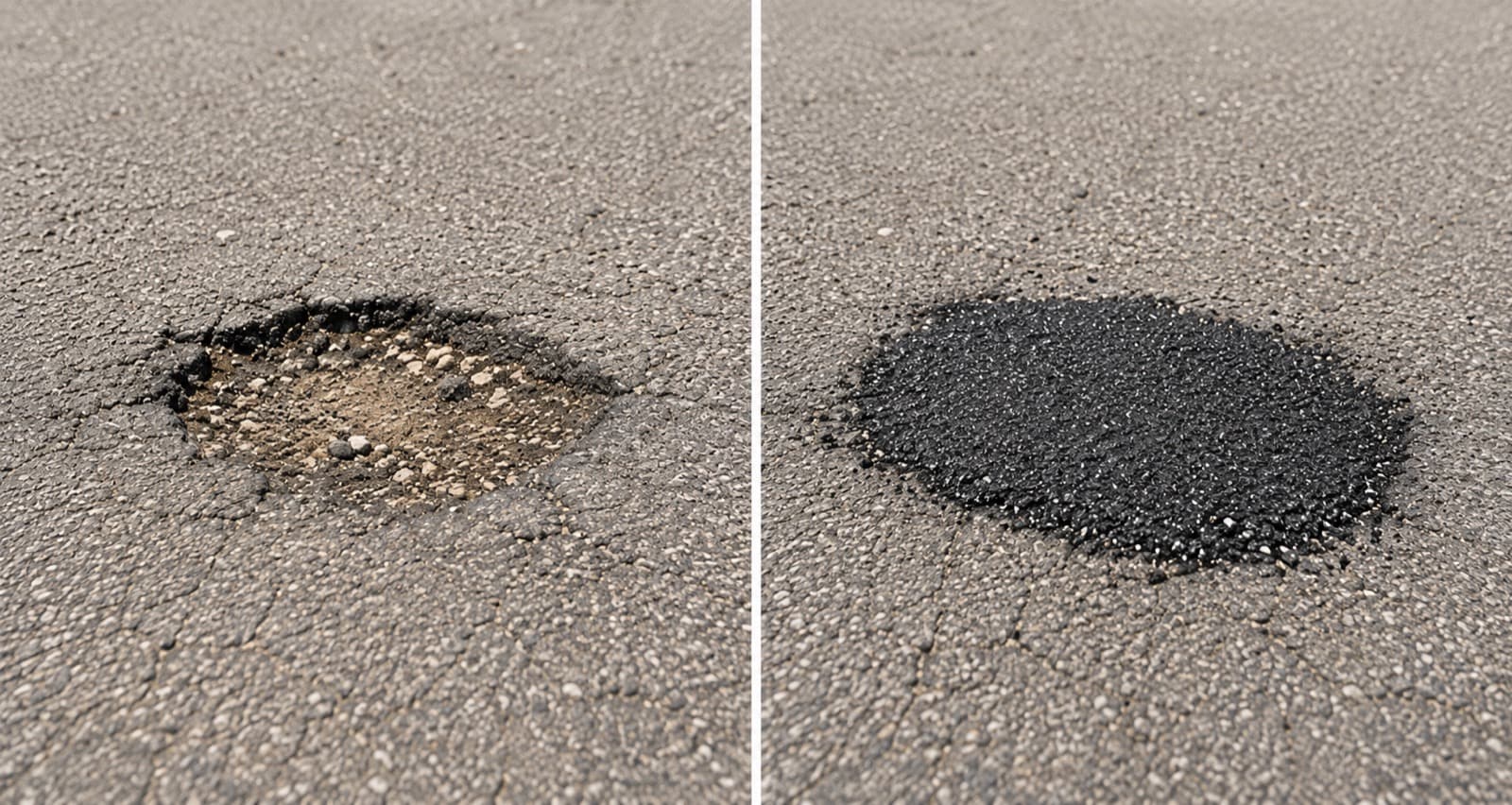 Before and after pothole repair — open pothole on the left, filled and patched with cold patch on the right