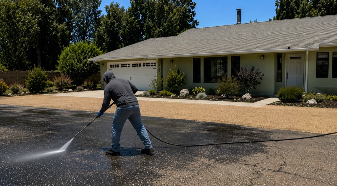 805 Sealcoating crew member pressure washing a residential asphalt driveway in Los Osos, California