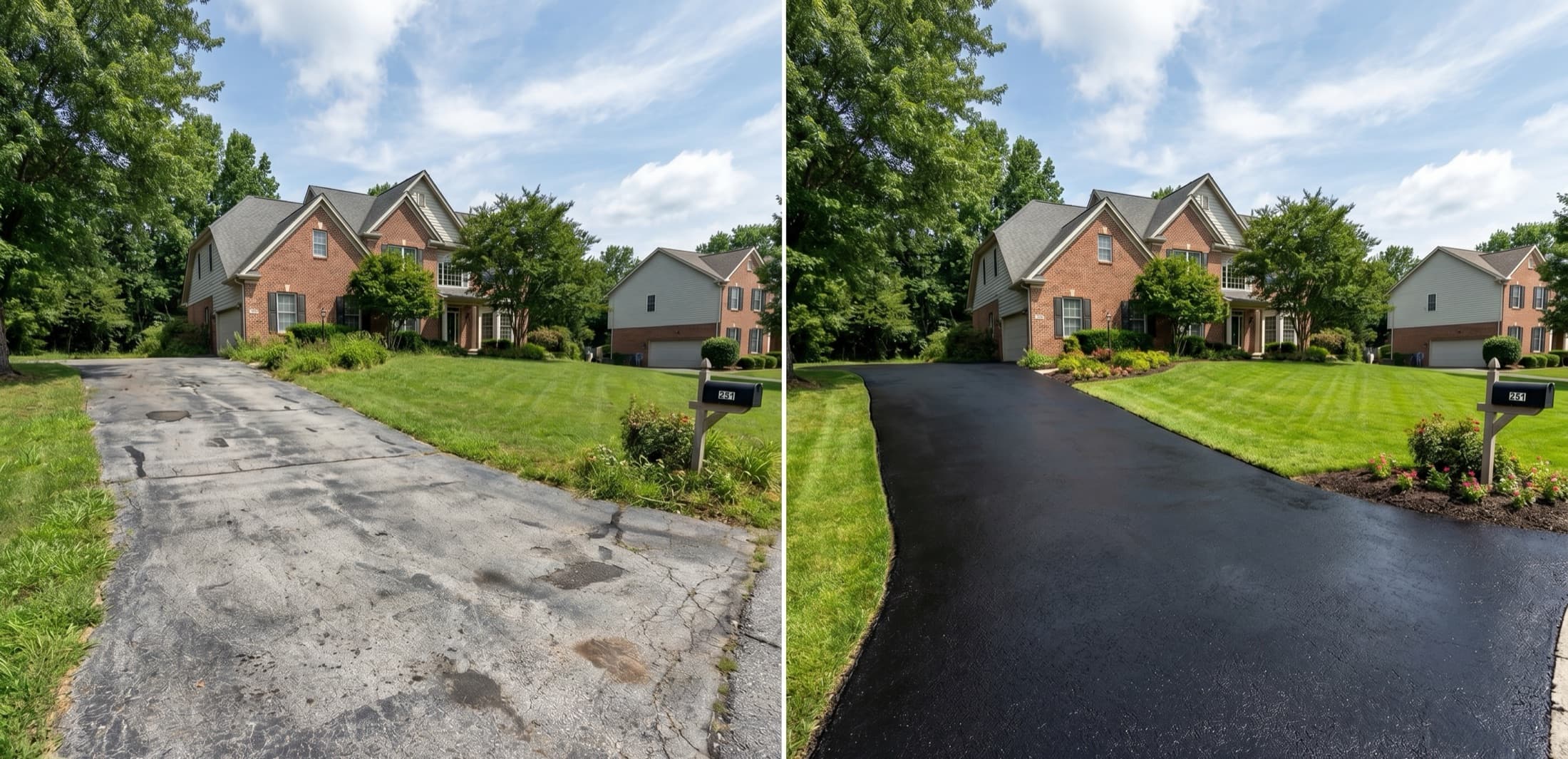 Brick home driveway before and after sealcoating — cracked, faded asphalt on the left; smooth, deep-black sealed surface on the right