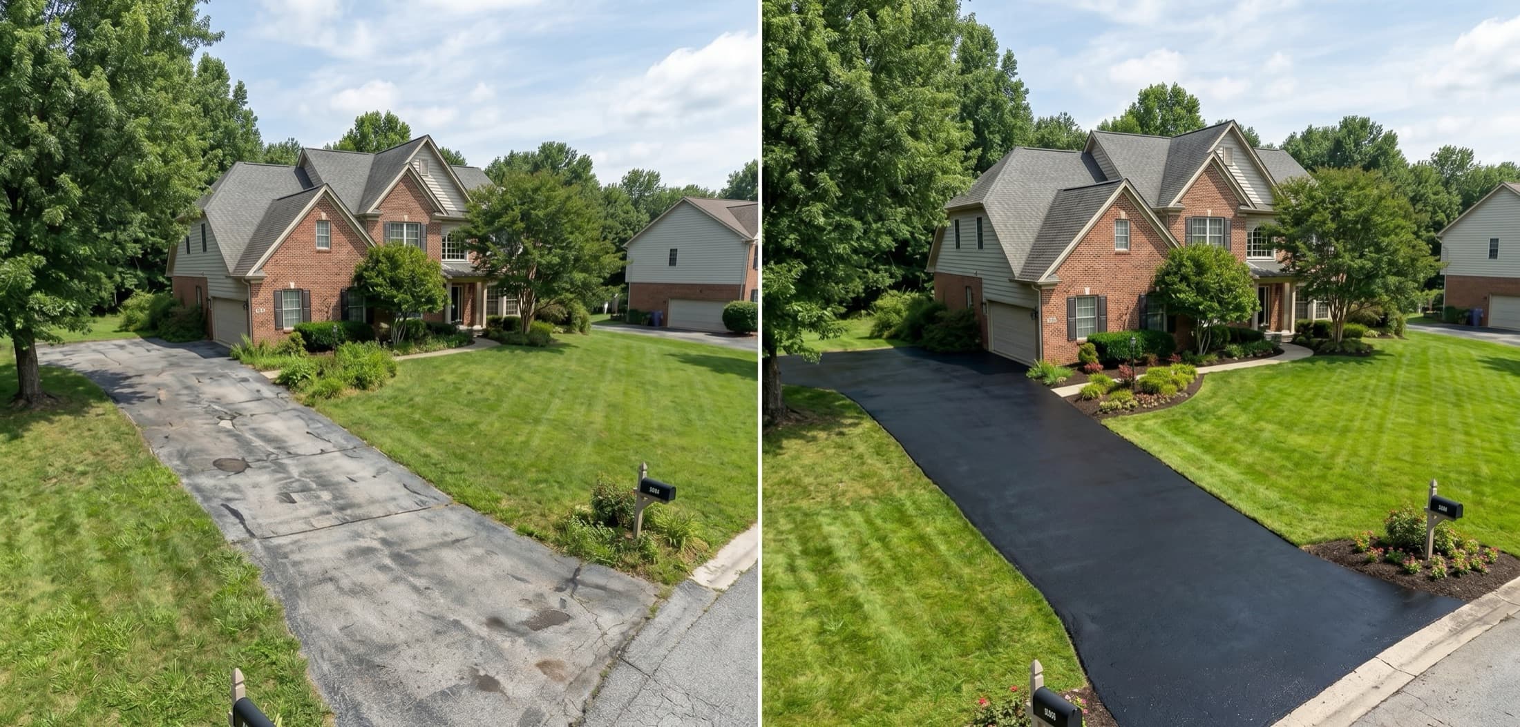 Aerial view of a residential driveway before and after sealcoating — weathered and cracked on the left; freshly sealed black asphalt on the right