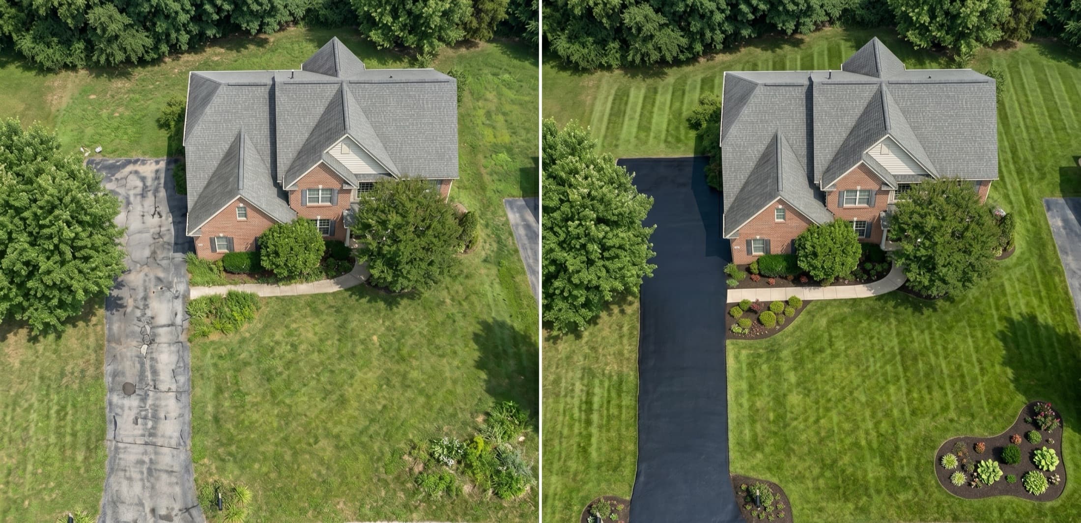 Elevated view of a brick home driveway before and after sealcoating — worn grey asphalt with patches on the left; uniform black sealcoated finish on the right